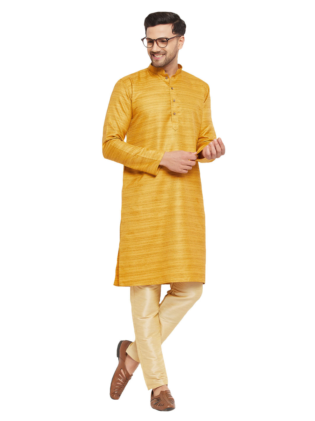 VM by Vastramay Men's Yellow And Gold Silk Blend Kurta Pyjama Set - Distacart
