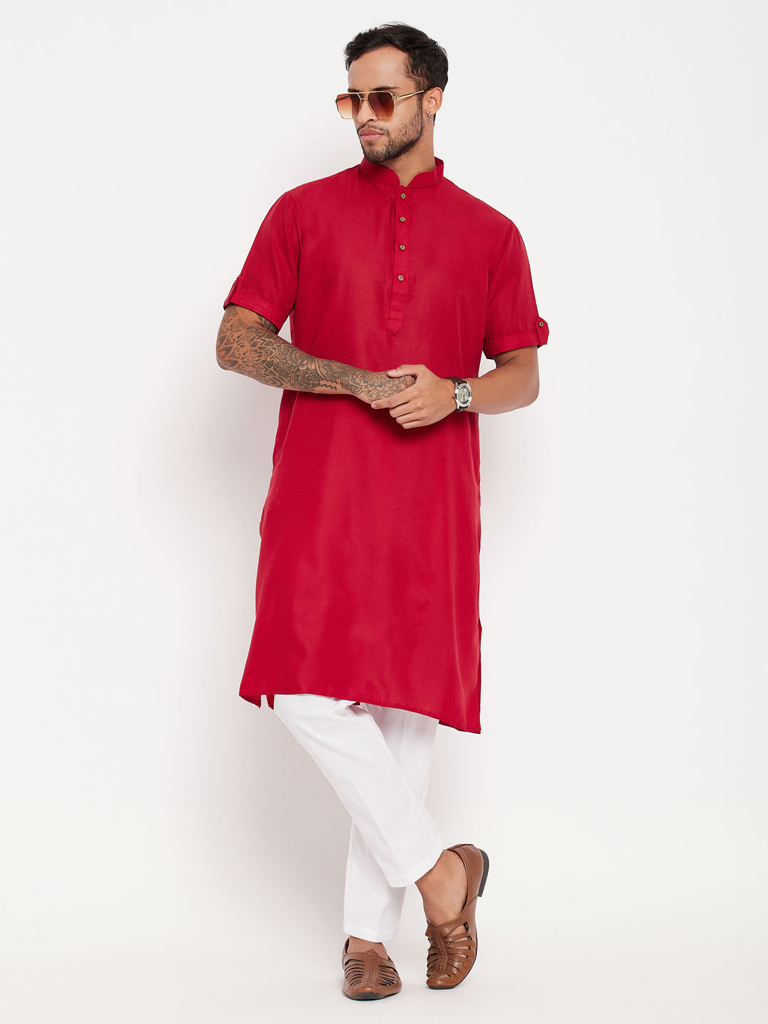 VM by Vastramay Men's Maroon And White Cotton Kurta Pyjama Set - Distacart