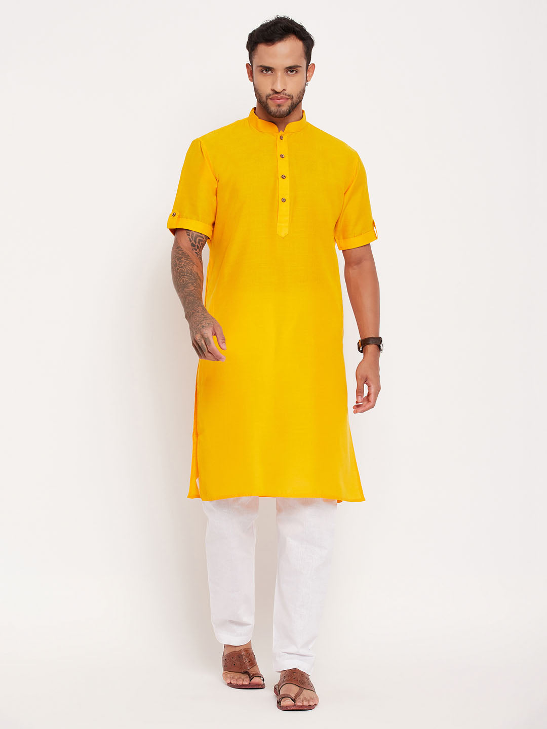 VM by Vastramay Men's Mustard And White Cotton Kurta Pyjama Set - Distacart