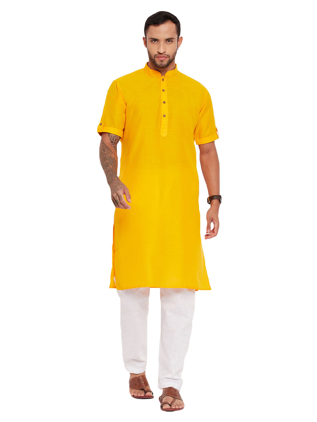 VM by Vastramay Men's Mustard And White Cotton Kurta Pyjama Set - Distacart