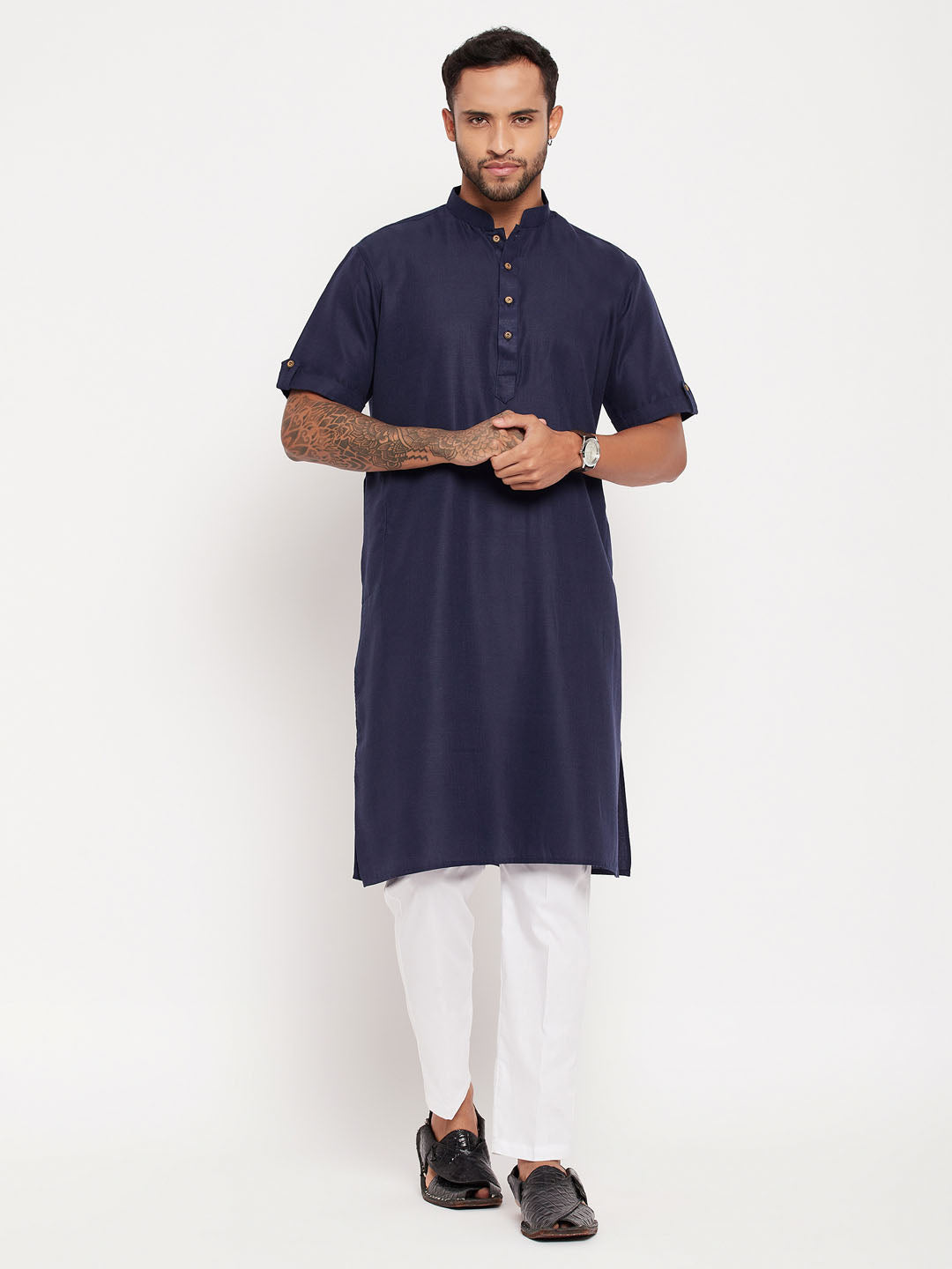 VM by Vastramay Men's Navy Blue And White Cotton Kurta Pyjama Set - Distacart