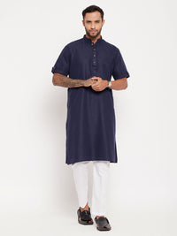 Thumbnail for VM by Vastramay Men's Navy Blue And White Cotton Kurta Pyjama Set - Distacart