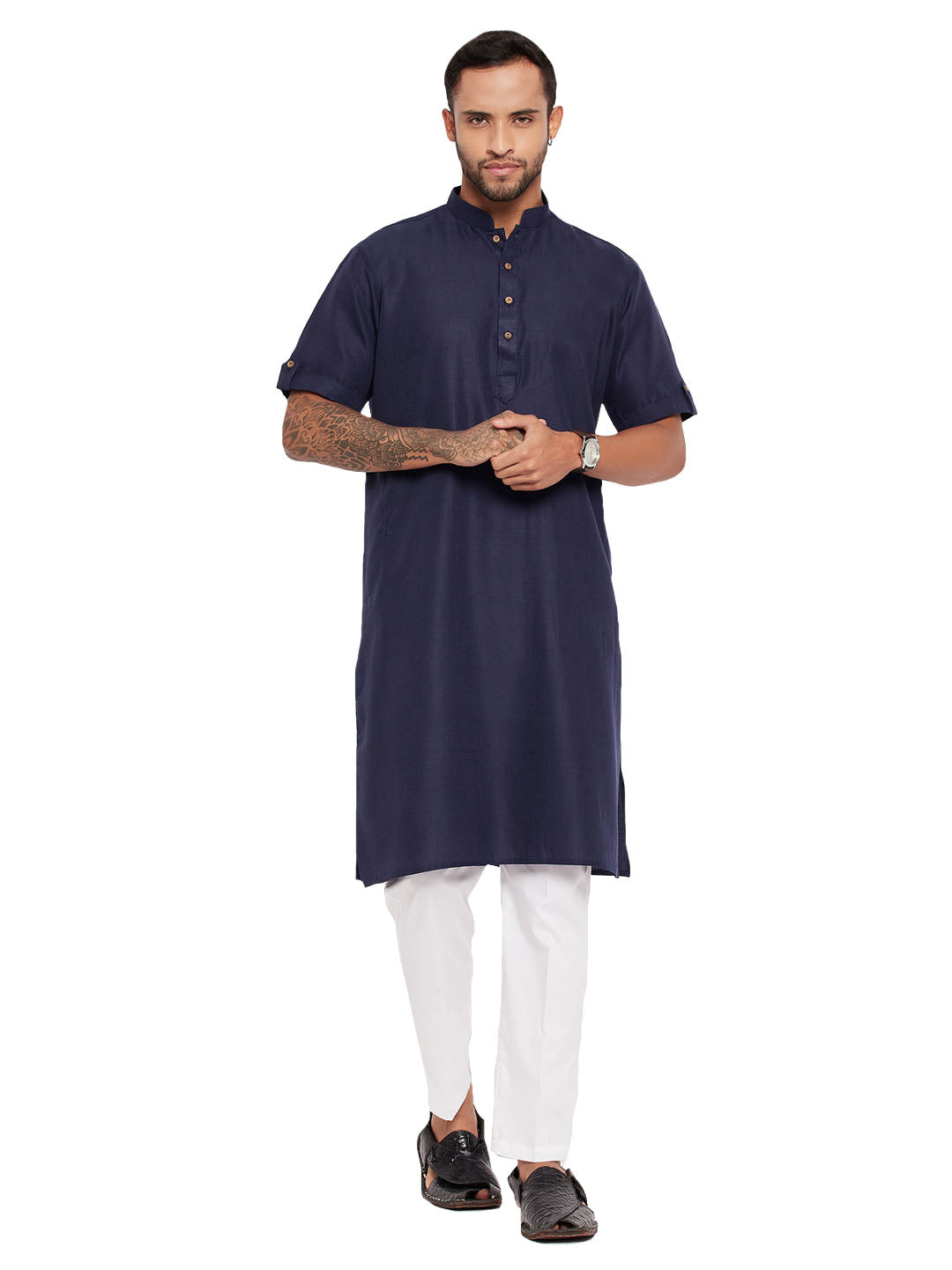 VM by Vastramay Men's Navy Blue And White Cotton Kurta Pyjama Set - Distacart
