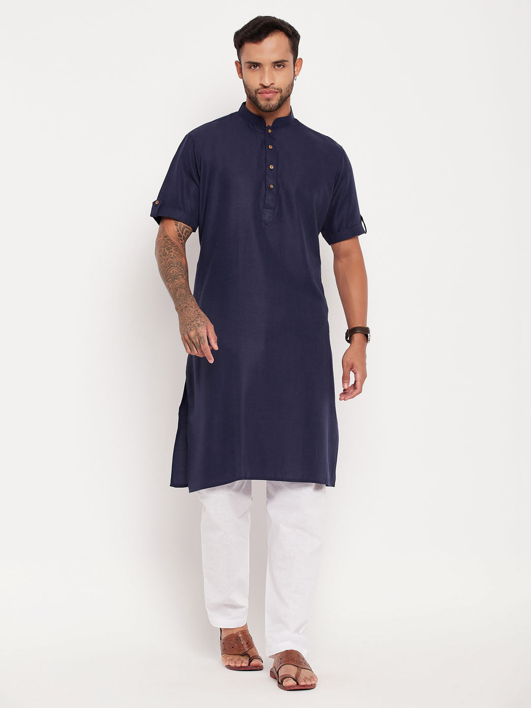 VM by Vastramay Men's Navy Blue And White Cotton Kurta Pyjama Set - Distacart