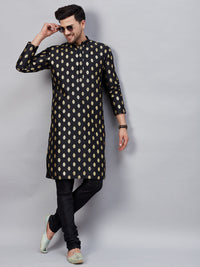 Thumbnail for VM by Vastramay Men's Black Dupion Silk Kurta Pyjama Set - Distacart