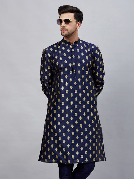 VM by Vastramay Men's Navy Blue Dupion Silk Kurta - Distacart