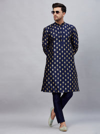 Thumbnail for VM by Vastramay Men's Navy Blue Silk Blend Kurta Pyjama Set - Distacart