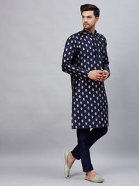 Thumbnail for VM by Vastramay Men's Navy Blue Silk Blend Kurta Pyjama Set - Distacart