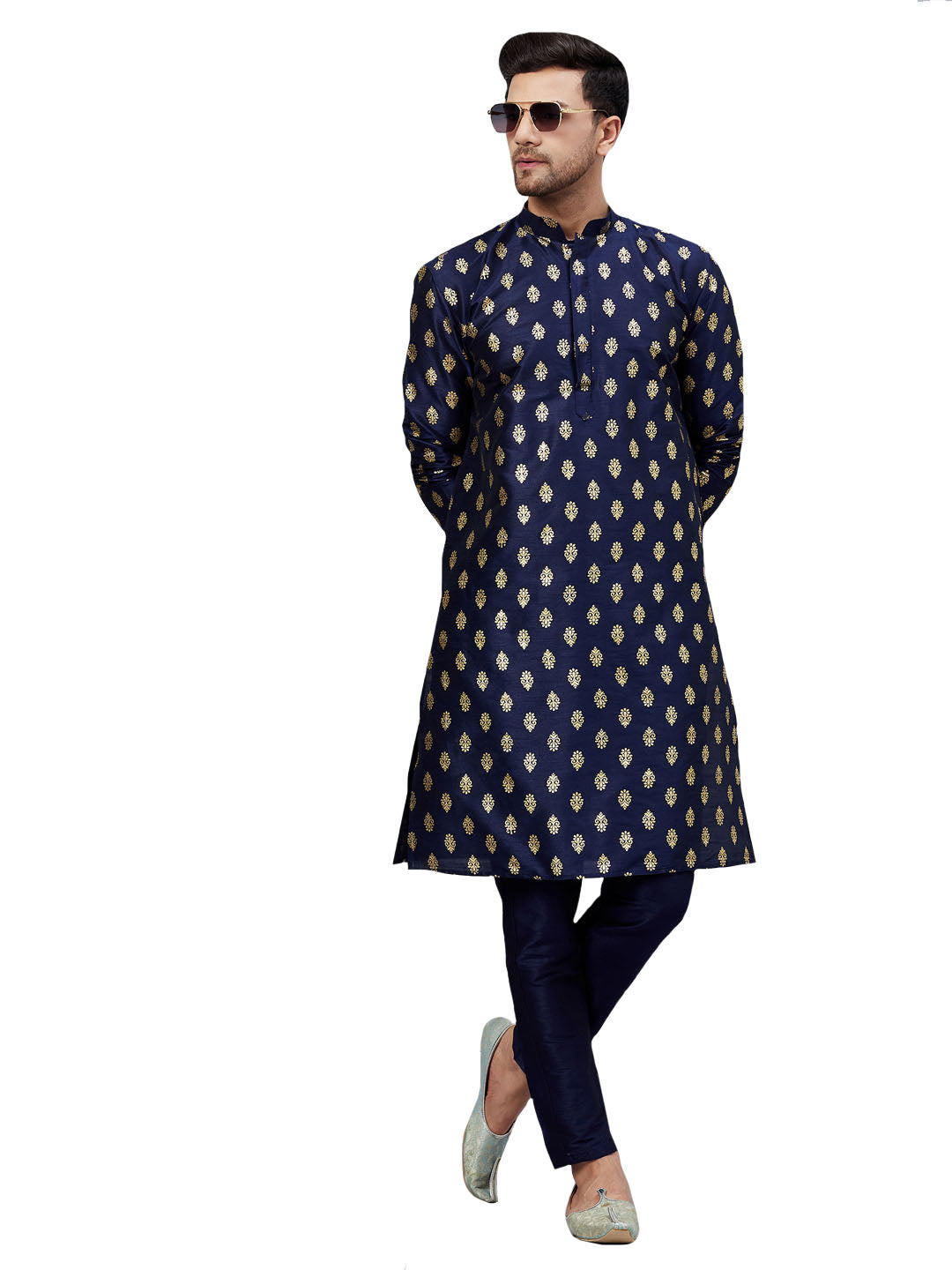 VM by Vastramay Men's Navy Blue Silk Blend Kurta Pyjama Set - Distacart