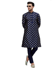 Thumbnail for VM by Vastramay Men's Navy Blue Silk Blend Kurta Pyjama Set - Distacart