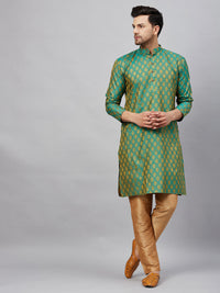 Thumbnail for VM by Vastramay Men's Green And Rose Gold Silk Blend Kurta Pyjama Set - Distacart