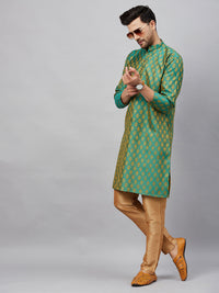 Thumbnail for VM by Vastramay Men's Green And Rose Gold Silk Blend Kurta Pyjama Set - Distacart
