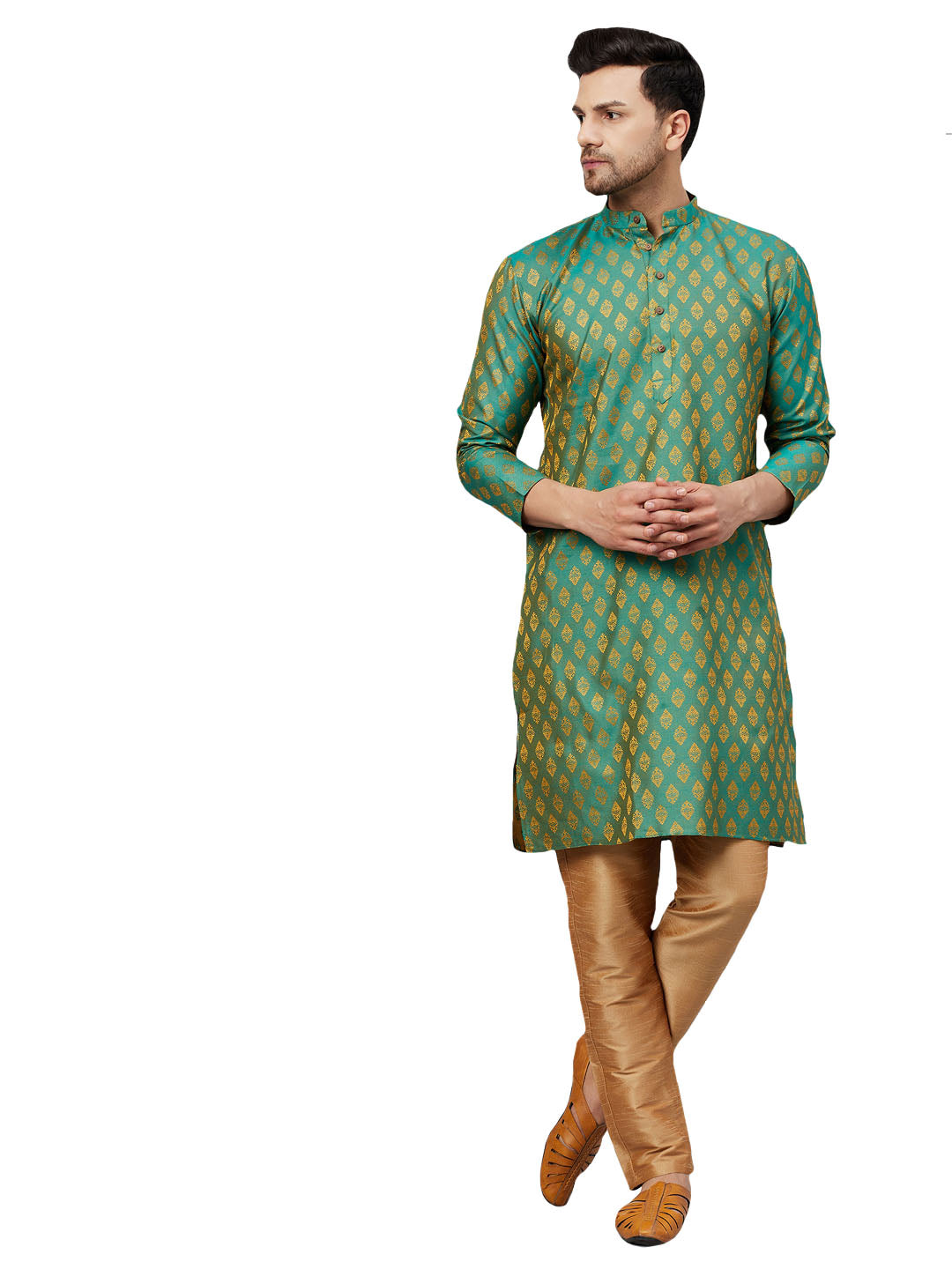 VM by Vastramay Men's Green And Rose Gold Silk Blend Kurta Pyjama Set - Distacart