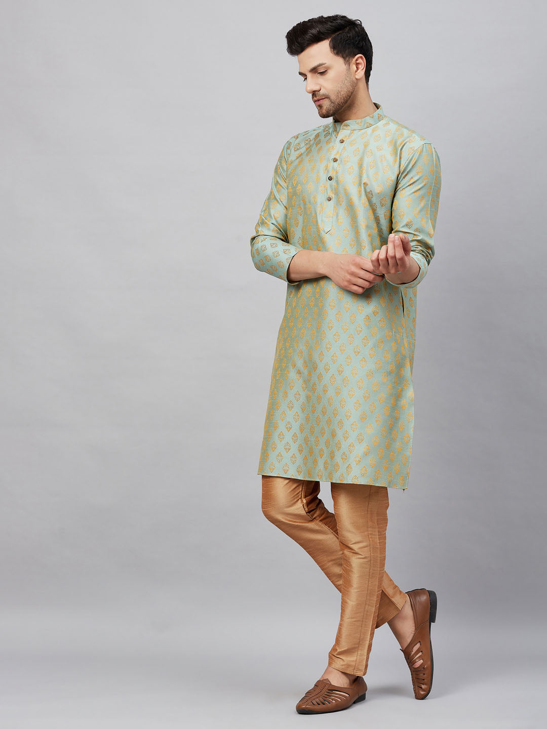 VM by Vastramay Men's Mint Green And Rose Gold Silk Blend Kurta Pyjama Set - Distacart