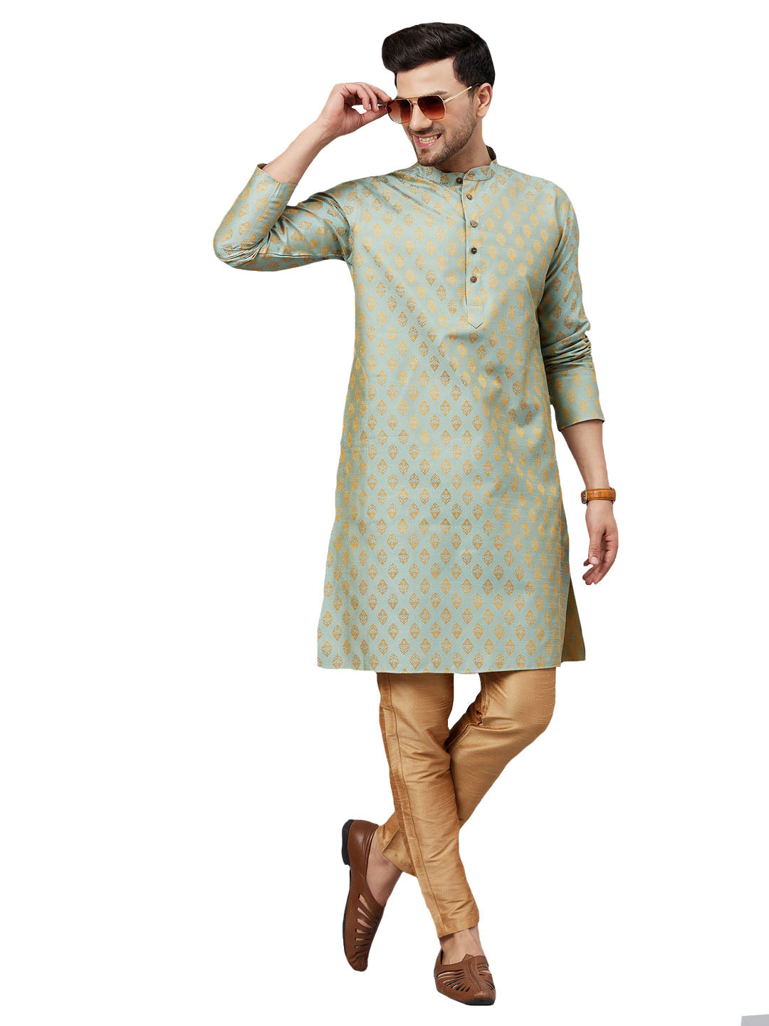 VM by Vastramay Men's Mint Green And Rose Gold Silk Blend Kurta Pyjama Set - Distacart