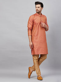 Thumbnail for VM by Vastramay Men's Pink And Rose Gold Silk Blend Kurta Pyjama Set - Distacart