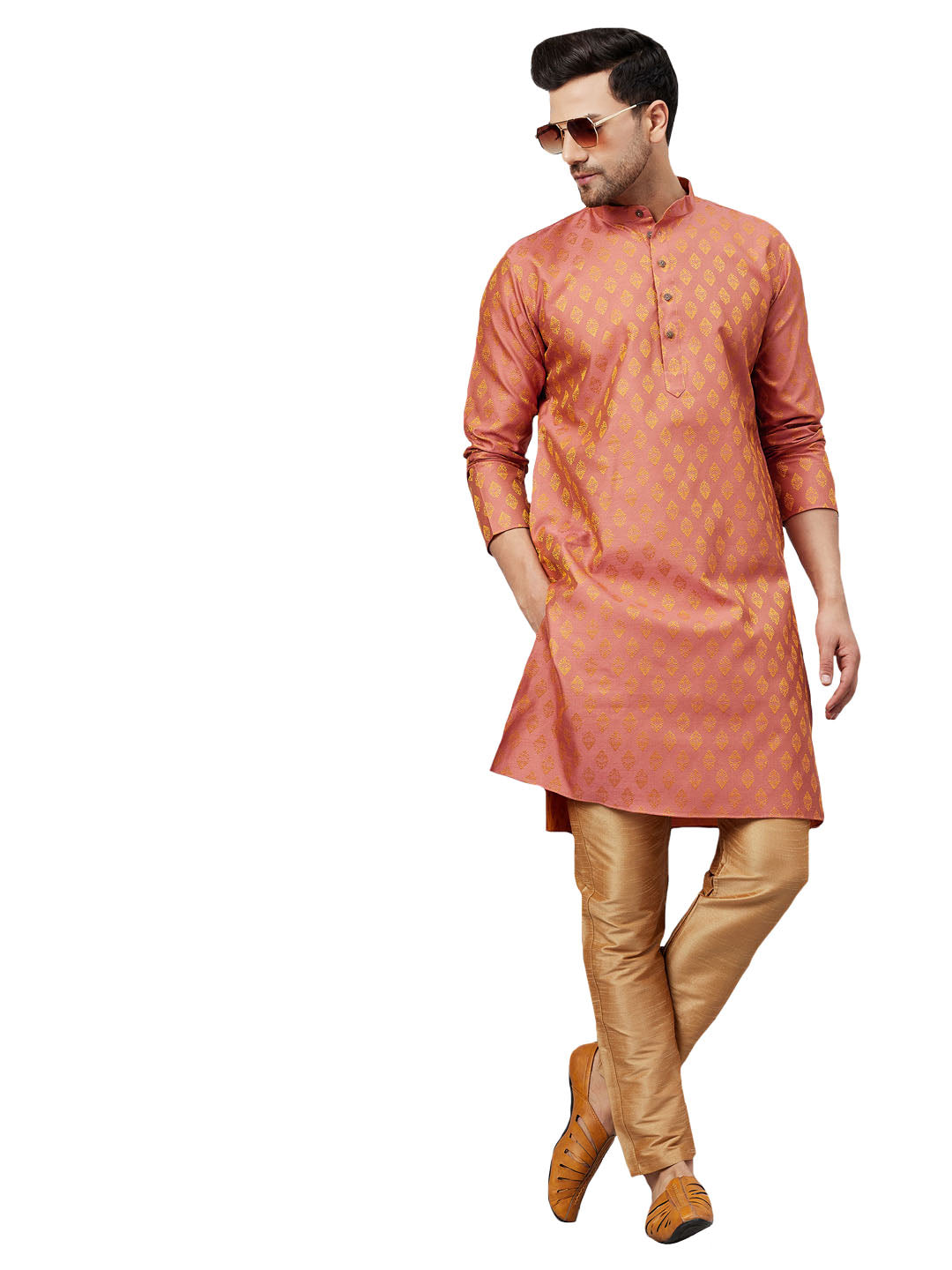 VM by Vastramay Men's Pink And Rose Gold Silk Blend Kurta Pyjama Set - Distacart