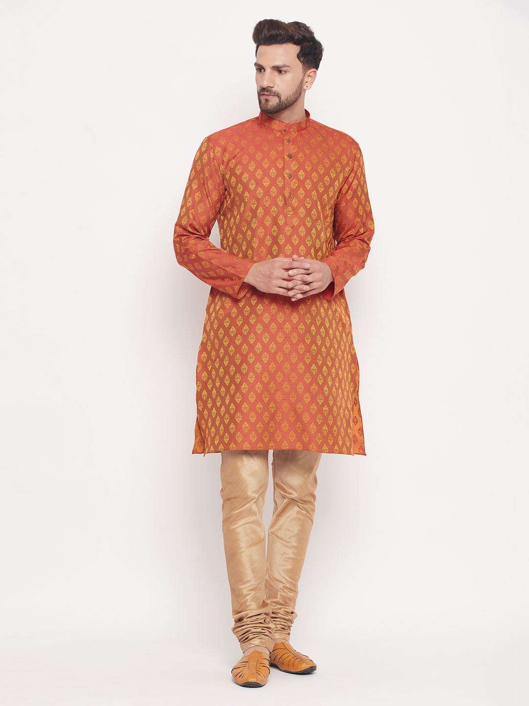 VM by Vastramay Men's Red And Rose Gold Silk Blend Kurta Pyjama Set - Distacart