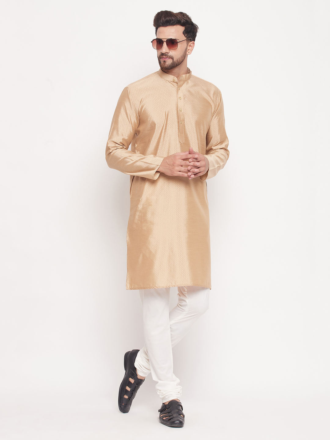 VM by Vastramay Men's Beige And Cream Silk Blend Kurta Pyjama Set - Distacart