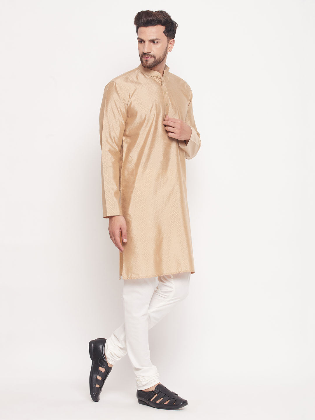 VM by Vastramay Men's Beige And Cream Silk Blend Kurta Pyjama Set - Distacart