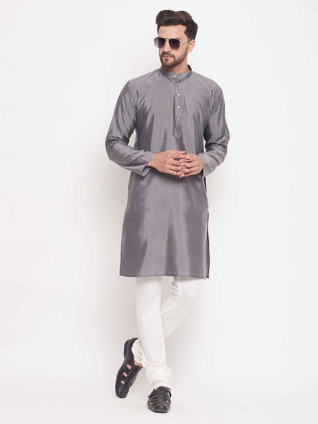 VM by Vastramay Men's Grey And Cream Silk Blend Kurta Pyjama Set - Distacart