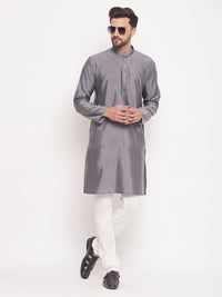 Thumbnail for VM by Vastramay Men's Grey And Cream Silk Blend Kurta Pyjama Set - Distacart
