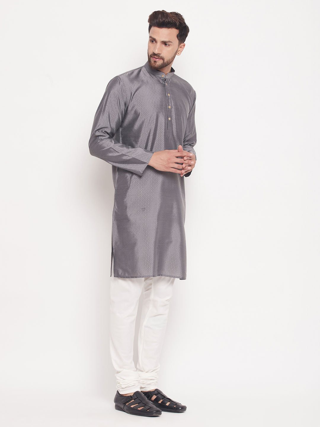 VM by Vastramay Men's Grey And Cream Silk Blend Kurta Pyjama Set - Distacart