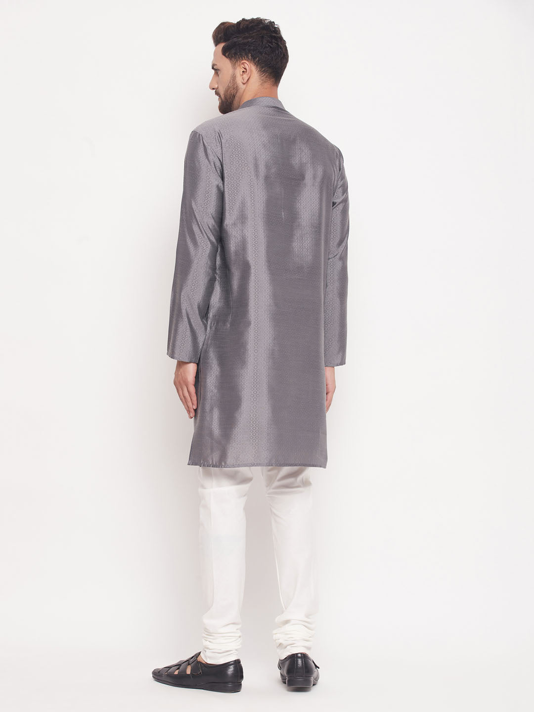 VM by Vastramay Men's Grey And Cream Silk Blend Kurta Pyjama Set - Distacart