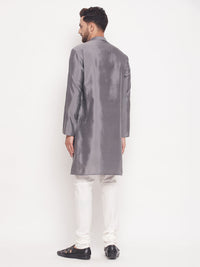 Thumbnail for VM by Vastramay Men's Grey And Cream Silk Blend Kurta Pyjama Set - Distacart