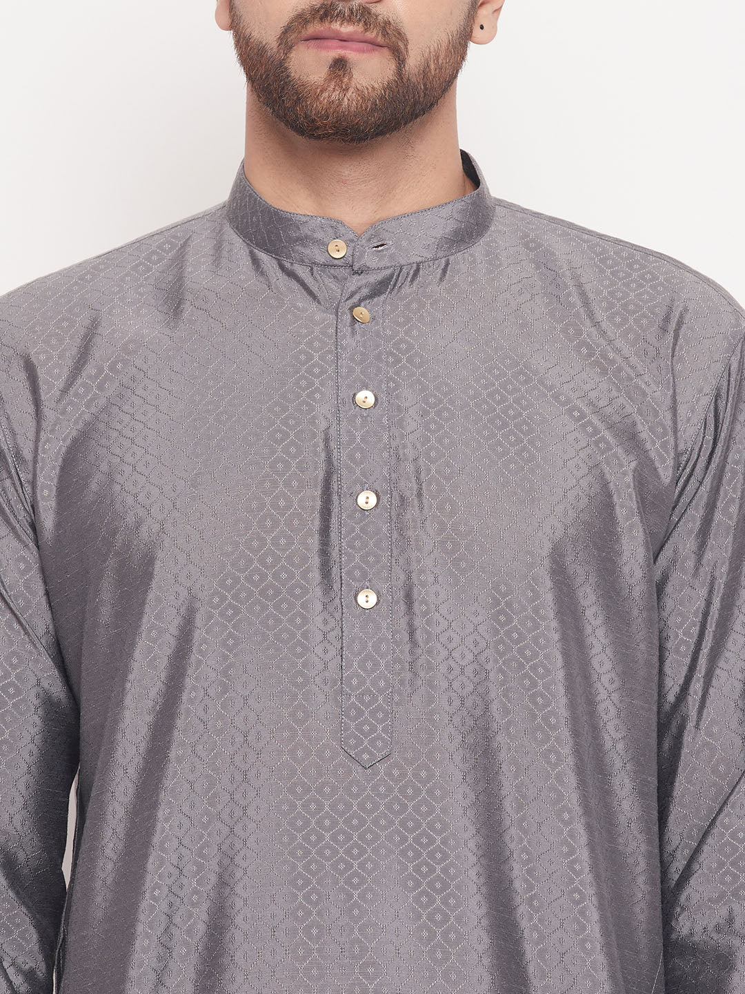 VM by Vastramay Men's Grey And Cream Silk Blend Kurta Pyjama Set - Distacart