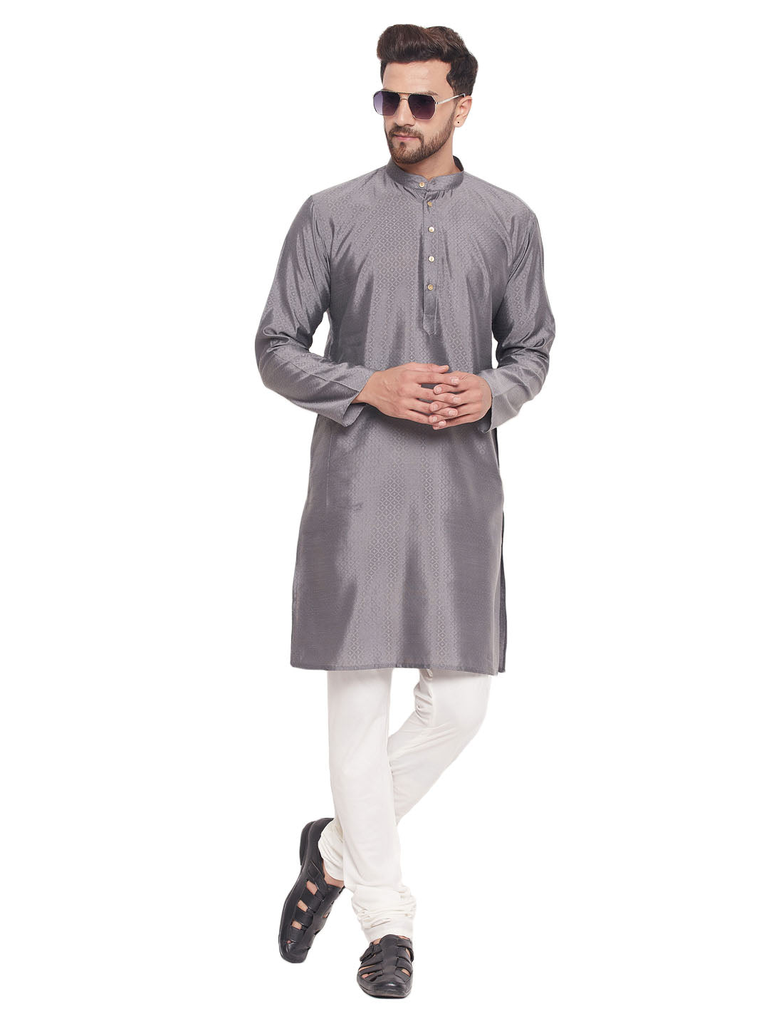 VM by Vastramay Men's Grey And Cream Silk Blend Kurta Pyjama Set - Distacart
