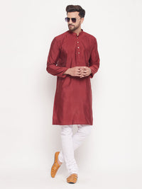 Thumbnail for VM by Vastramay Men's Maroon And White Silk Blend Kurta Pyjama Set - Distacart