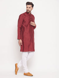 Thumbnail for VM by Vastramay Men's Maroon And White Silk Blend Kurta Pyjama Set - Distacart