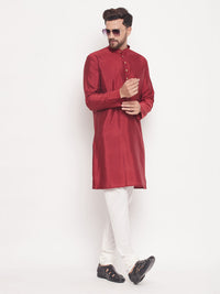 Thumbnail for VM by Vastramay Men's Maroon And Cream Silk Blend Kurta Pyjama Set - Distacart