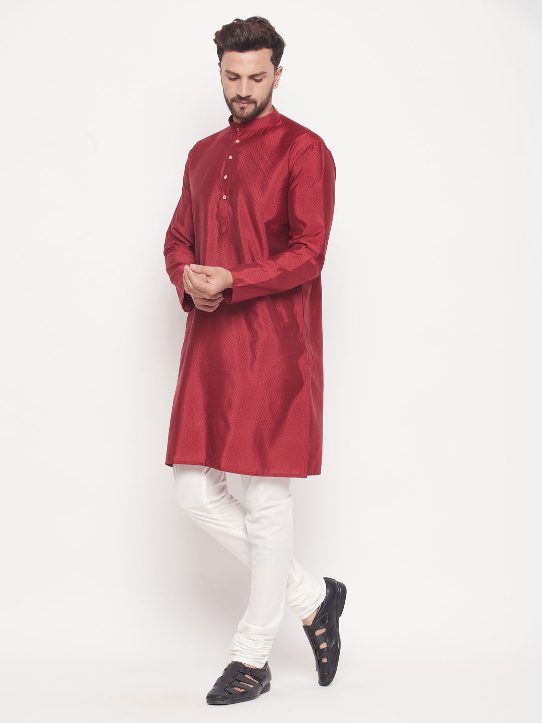 VM by Vastramay Men's Maroon And Cream Silk Blend Kurta Pyjama Set - Distacart