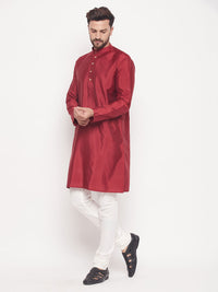 Thumbnail for VM by Vastramay Men's Maroon And Cream Silk Blend Kurta Pyjama Set - Distacart