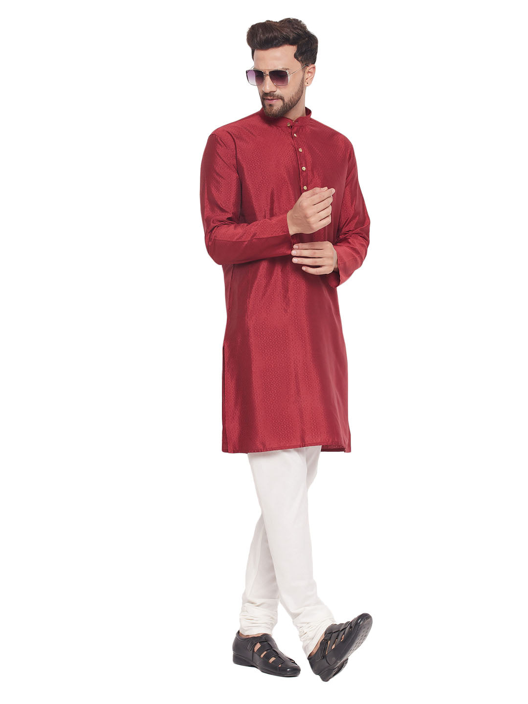 VM by Vastramay Men's Maroon And Cream Silk Blend Kurta Pyjama Set - Distacart