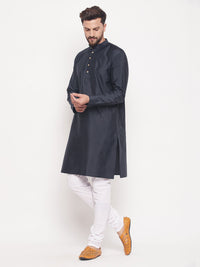 Thumbnail for VM by Vastramay Men's Navy Blue And White Silk Blend Kurta Pyjama Set - Distacart