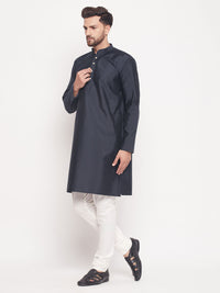 Thumbnail for VM by Vastramay Men's Navy Blue And Cream Silk Blend Kurta Pyjama Set - Distacart