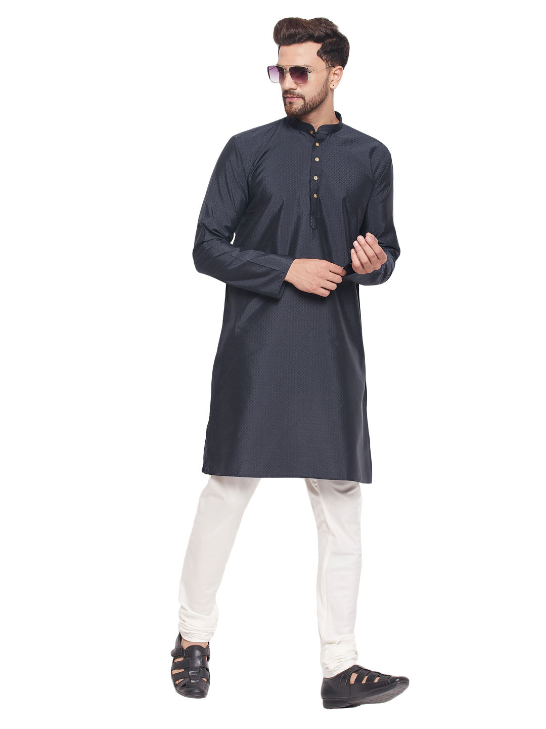 VM by Vastramay Men's Navy Blue And Cream Silk Blend Kurta Pyjama Set - Distacart