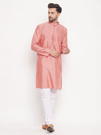 Thumbnail for VM by Vastramay Men's Pink And White Silk Blend Kurta Pyjama Set - Distacart