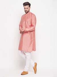 Thumbnail for VM by Vastramay Men's Pink And White Silk Blend Kurta Pyjama Set - Distacart