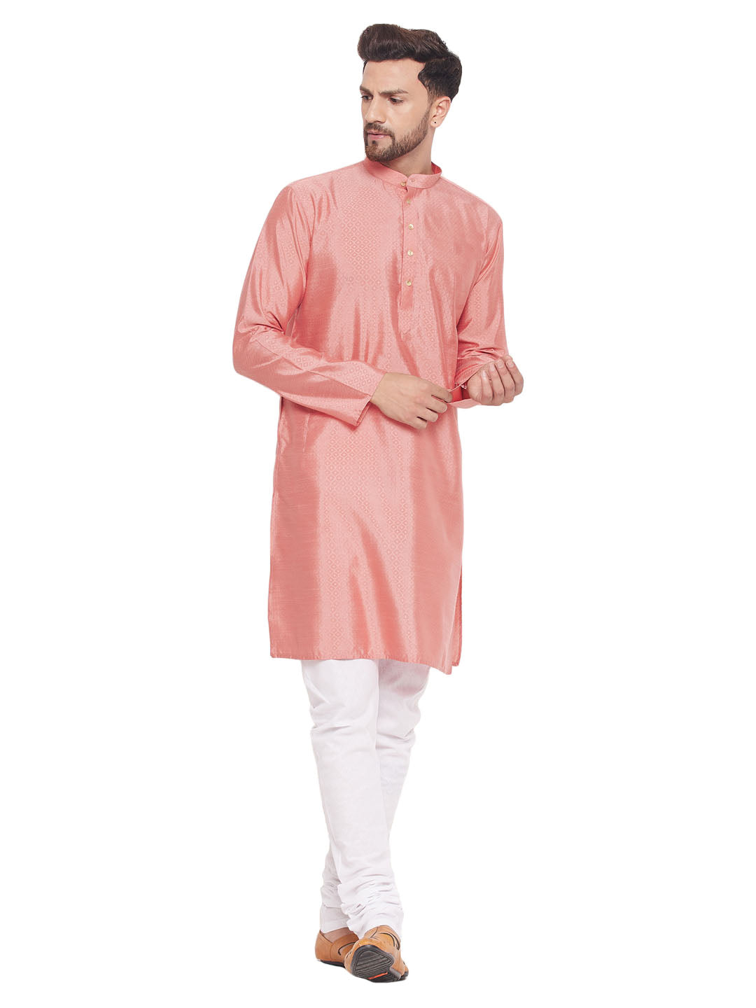 VM by Vastramay Men's Pink And White Silk Blend Kurta Pyjama Set - Distacart
