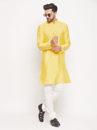 Thumbnail for VM by Vastramay Men's Yellow And Cream Silk Blend Kurta Pyjama Set - Distacart