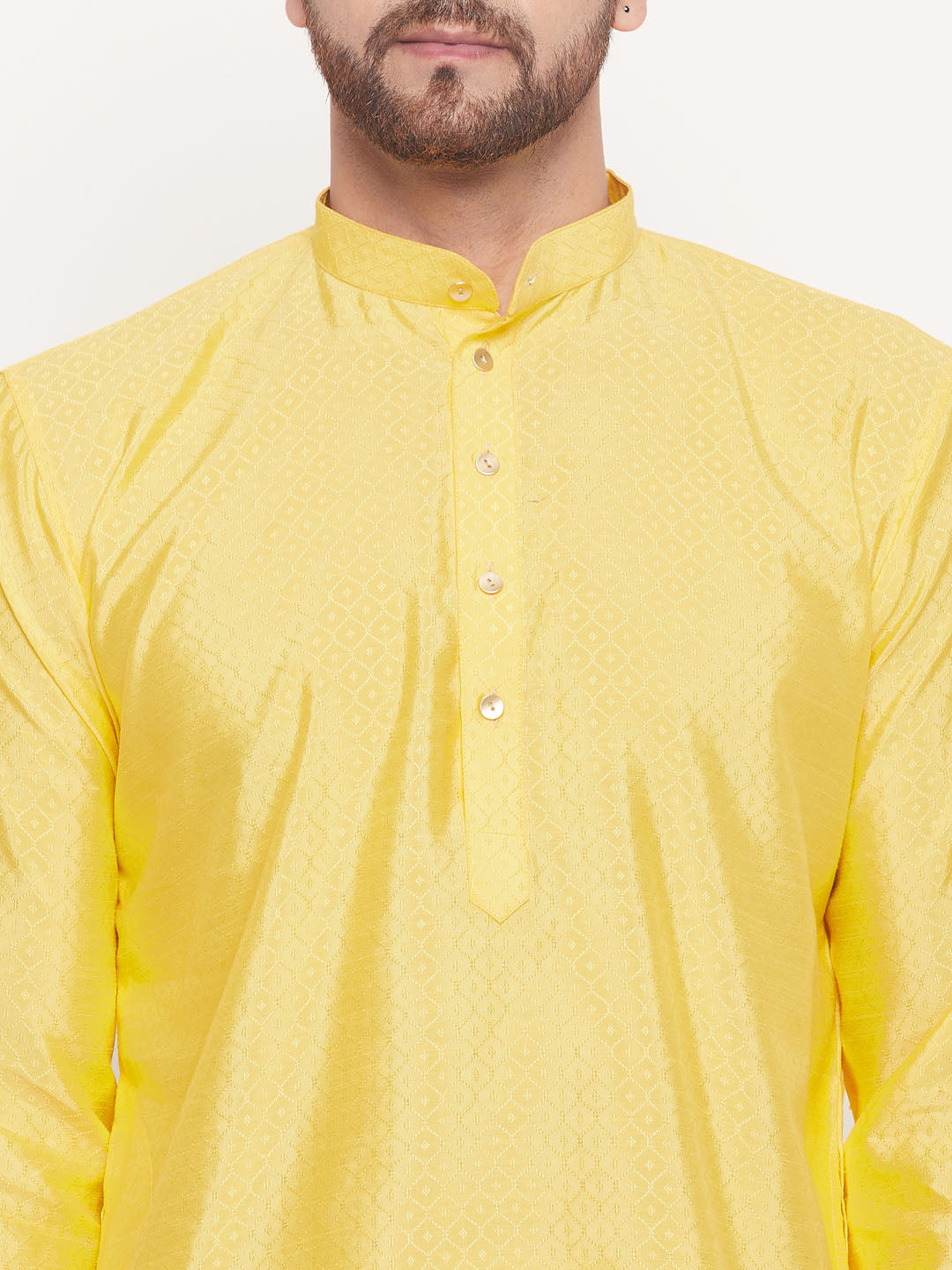 VM by Vastramay Men's Yellow And Cream Silk Blend Kurta Pyjama Set - Distacart
