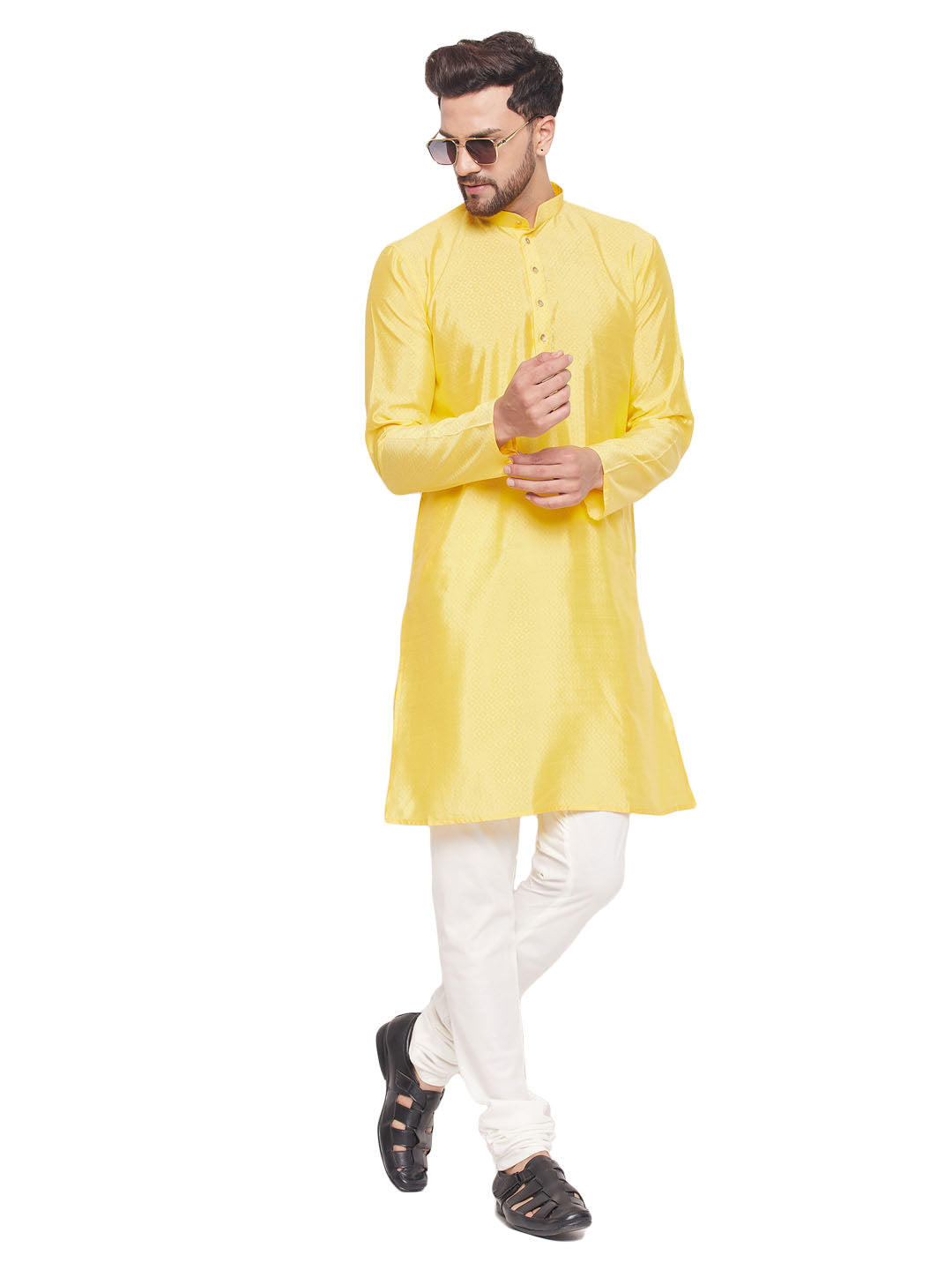 VM by Vastramay Men's Yellow And Cream Silk Blend Kurta Pyjama Set - Distacart