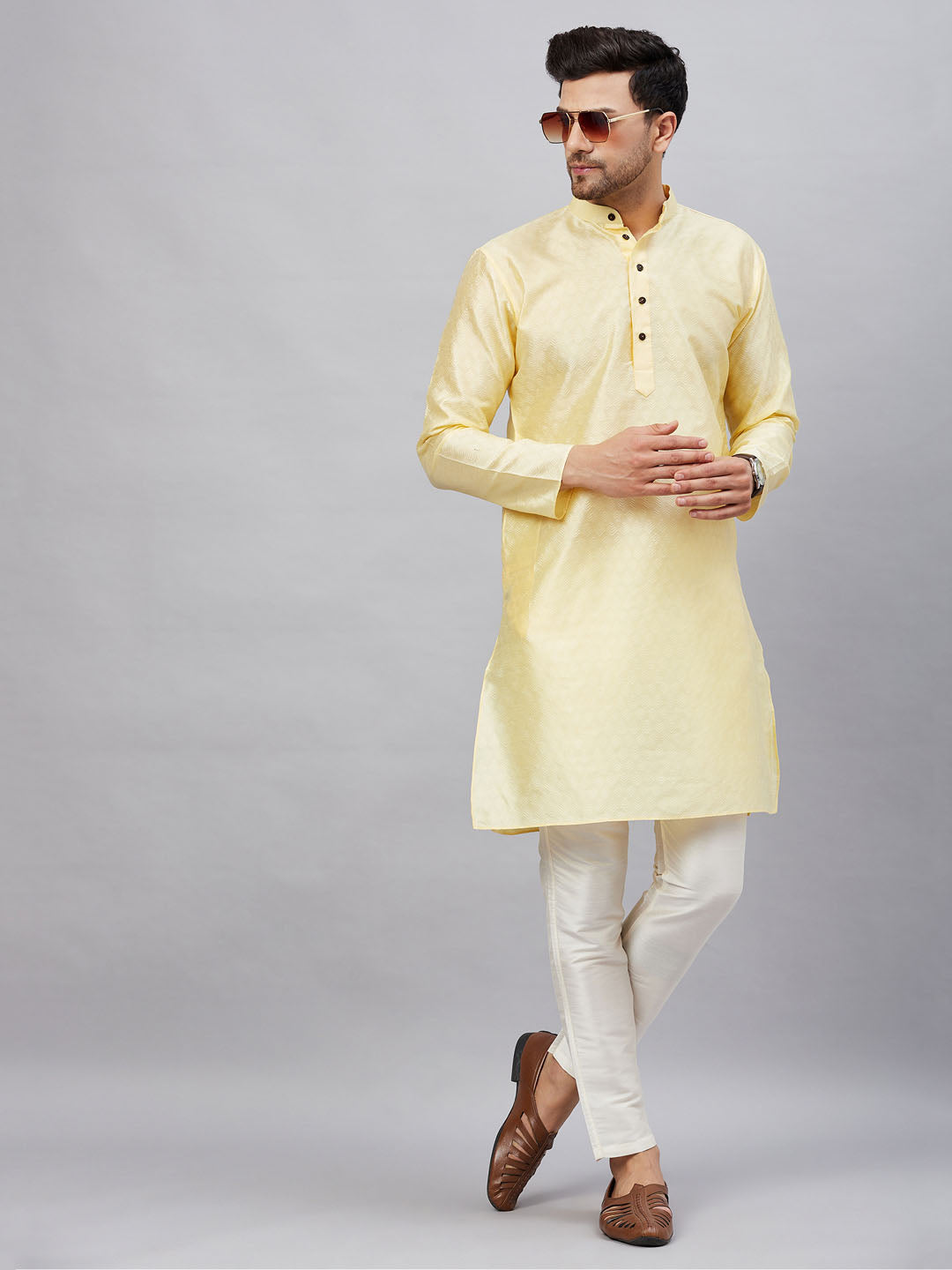 VM by Vastramay Men's Beige And Cream Silk Blend Kurta Pyjama Set - Distacart