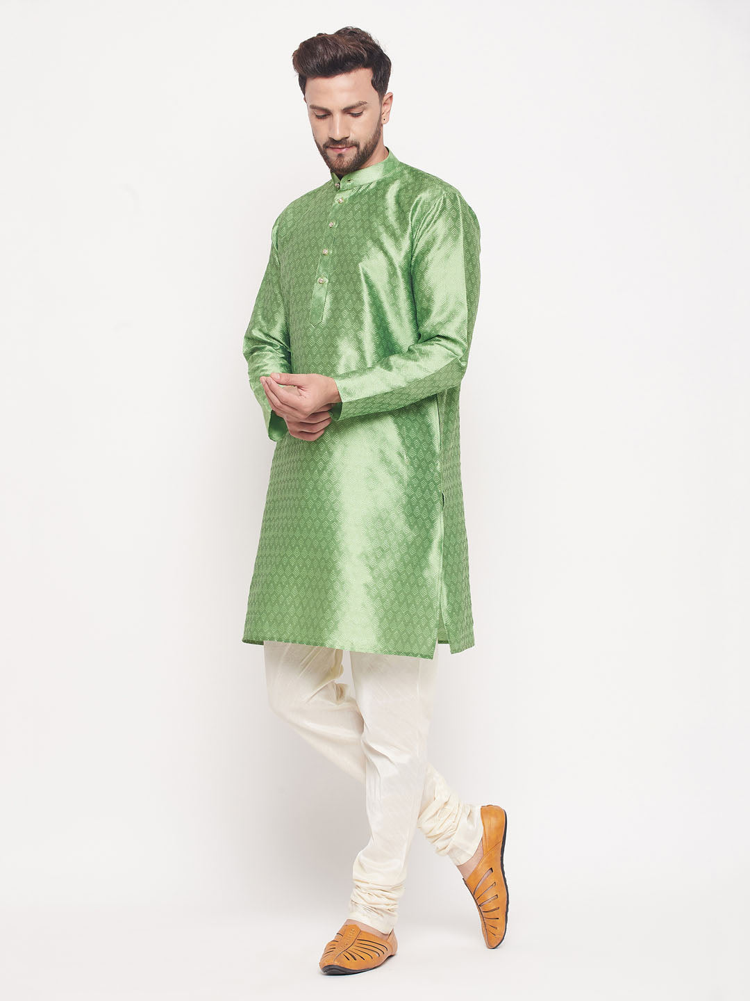 VM by Vastramay Men's Mint Green And Cream Silk Blend Kurta Pyjama Set - Distacart