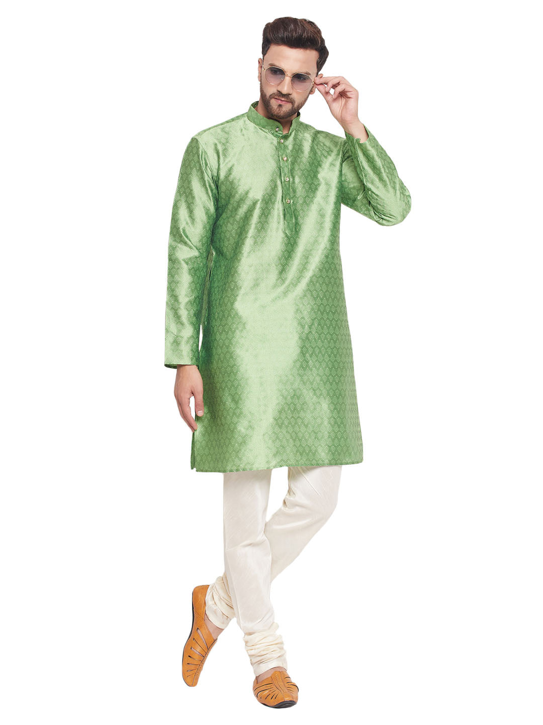 VM by Vastramay Men's Mint Green And Cream Silk Blend Kurta Pyjama Set - Distacart