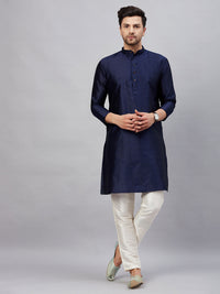 Thumbnail for VM by Vastramay Men's Navy Blue And Cream Silk Blend Kurta Pyjama Set - Distacart